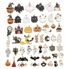 [Kingsiely] チャーム パーツ ハロウィン 50個セット コウモリ おばけ カボチャ 蜘蛛 蜘蛛の巣 猫 チャーム アクセサリーパーツ ハロウィン デコパーツ 3D 立体 合金 オーナメント ネックレス イヤリング ペンダント ジュエリー DIY ハ