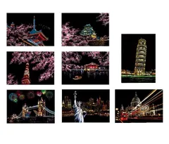 建物と桜 8枚セット スクラッチアート はがきタイプ 8枚入り 削るだけで美しいアート 塗り絵 ペーパーアート 桜 花火 スクラッチペンセット付け 20*14cm