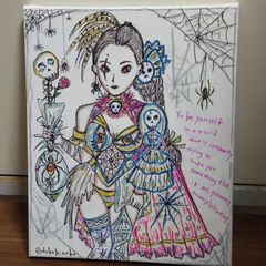 手描きイラスト 蜘蛛ファッション女性  「 何者かに変えられようとする世界で自分らしくあり続けることは…」絵画  キャンバス  アート