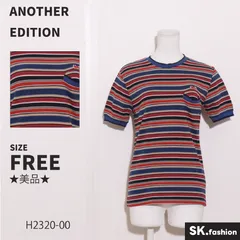 ★美品★ ANOTHER EDITION アナザーエディション トップス Tシャツ　半袖　マルチボーダー　猫刺繍　コットン100% 　レッド　ネイビー　 【H2320-00】 送料無料　古着　レディースのサムネイル