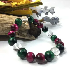 水晶×グリーンタイガーアイ×ピンクタイガーアイ パワーストーン ブレスレット  天然石 シンプル メンズ レディース 男性  女性 □