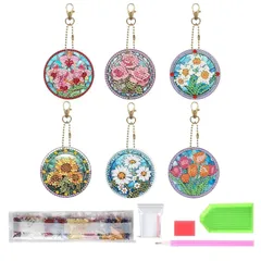 (花 プレゼント 装飾用 携帯ケースストラップ 円形 キーペンダント 財布 手工芸品 DIY手作り 初心者 子供 複数のスタイル 両面 6個) 小さなペンダント かわいい 5個セット キット キーホルダー 5Dダイヤモンド絵画 サムコス