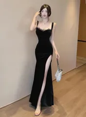 【新品・未使用】キャバドレス ベロア ロング丈 タイト スリット パーティー セクシー 上品見え 華やか 高見え 体型カバー 脚長効果 写真映え お呼ばれ 二次会 同窓会 デートにも 旬トレンド