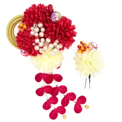 髪飾り 成人式 振袖 前撮り 袴 2点セット 花 赤 白 ゴールド 造花 ちりめん 下がり ゆらゆら 組紐 パールビーズ 和柄 花ごころ No.12-0699