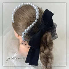 【金箔付】ワイヤー入りパールチェーン× ブラックリボン×オーガンジー髪飾り卒業式