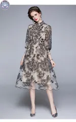 新品 未使用 パーティードレス シースルー レース 花柄 オケージョン パフスリーブ M