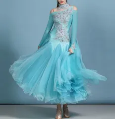 水色オフショルダー社交ダンスドレス　スタンダードドレスモダンダンスオーダーメイド