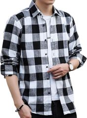 チェックシャツ メンズ カジュアル ネルシャツ ビジネス Yシャツ 長袖 チェック柄( ブラック/ホワイト,  M)