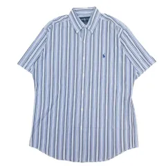 美品 Ralph Lauren ラルフローレン ストライプ シャツ ボタンダウン カジュアルシャツ ポニーロゴ 刺繍 半袖 L 青 ブルー メンズ 古着 中古 USED