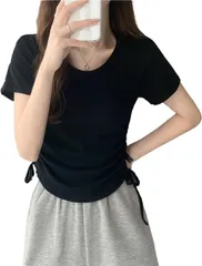 WesRiva ストリング シャーリング クロップ カットソー 半袖 クルーネック Tシャツ トップス 無地 カジュアル レディース シンプル 韓国風( ブラック,  L)