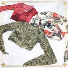 ベリーダンス 衣装 チョリ トップス 全3点 セット まとめ売り 柄 模様 赤 カーキ アイボリー レース レッド系 カーキ系 ベージュ系 イベント ベリーダンス衣装 チョリトップス 女性用 アジアンファッション ダンス衣装 まとめ売りセット オシャレ 柄物