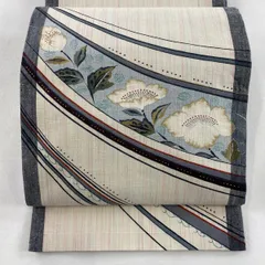 袋帯 名品 落款 紬地 関西仕立て 草花 斜縞 金銀彩 クリーム お太鼓柄 正絹 【中古】