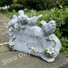 ガーデンオブジェ ウェルカム 小鳥 ストーン風 石 花 ウェルカムドアサイン 鳥 ガーデン 置物 おしゃれ かわいい インテリア 北欧 サイン レジン 庭 装飾 オーナメント 石板 表札 玄関 雑貨 彫刻 ナチュラル アンティーク 屋外 飾り ガーデニング