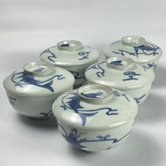 594 染付　鯉　古伊万里　伊万里焼　骨董　アンティーク 蒸茶碗　5客セット