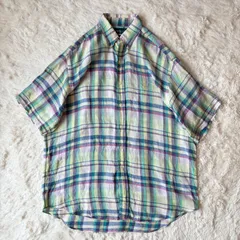 Polo Ralph Lauren ポロラルフローレン 古着 90s リネンBDシャツ S/S BLAKE マドラスチェック ライトグリーン ライトイエロー ブルー L