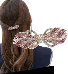 Herbeluemily(ハベルミリィ) バレッタ ビジュー ストーン 金具 髪留め ヘアクリップ おしゃれ 大人 上品 ライン(ピンク)