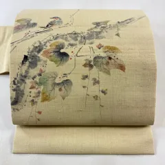 名古屋帯 秀品 比翼仕立て 鳥 蔦 ベージュ 正絹 【中古】