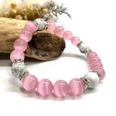 キャッツアイ(ピンク)×ハウライト パワーストーン ブレスレット  (シルバー) メンズ・レディース　男性・女性　数珠ブレス 開運 [23]