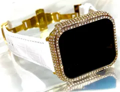 ゴールドホワイト　BOX付きアップルウォッチバンド 高級レザー 本革ベルト Apple Watch クロコダイル キラキラ　カバー　ケース メンズ レディース series１０　42㎜　46㎜　49㎜も入荷