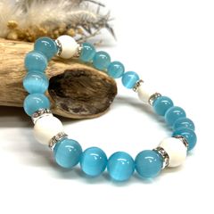 キャッツアイ(ライトブルー)×ホワイトオニキス パワーストーン ブレスレット  (シルバー) メンズ・レディース　男性・女性　数珠ブレス 開運 [23]