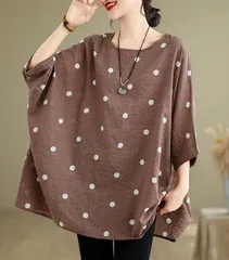 チュニック 大きいサイズ チュニック ブラウス ドット柄 水玉 五分袖 Tシャツ レディース 五分袖 大きいサイズ プルオーバー ゆったり トップス 総柄abama03