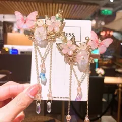蝶々 花モチーフ ヘアクリップ 髪飾り タッセル ピンクゴールド （2個セット）