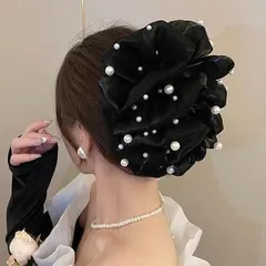 ヘアクリップ　大ぶり　パール　黒　髪飾り　ヘアアレンジ　リボン