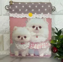 [129]可愛いレース付 2匹の白ポメちゃんミニサコッシュ・スマホポーチ