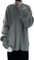 emu's mimi(エムズ ミミ) ゆったりニット メンズ 秋冬 ニットセーター 長袖 トップス オフィス カジュアル あき ふゆ オータム ウィンター ウインター クルーネック 丸首 大人 ざっくりニット 学生 カラーニット(グレー,  M)