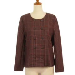 レリアン Leilian ジャケット ノーカラー チェック ウール 11 茶 ブラウン