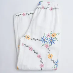 Remakeリメイク 再構築 パッチワーク&フラワー デザイン ルーズシルエット コットン イージーパンツ ホワイト 古着 裏地付き W62～96cm