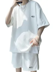 Size:4XL_Color:#1032:ホワイト [Poperdision] 夏服 メンズ Tシャツ 半袖 上下 セット 大きいサイズ ゆったり おしゃれ ジャージ 上下 スウェット 服 トップス ハーフパンツ ショート パンツ アップ 無地 快適 スポーツ