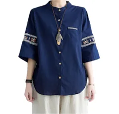 [TaKiHuReO] エスニック 柄 レトロ 刺繍 スタンドカラー シャツ ５分袖 レディース アジアン 可愛い お洒落 ポケット付き カジュアル 半袖 五分袖 ミドル トップス ファッション 通気性 無地 ゆったり 涼しい 透かし彫り 痩 [ミッドブルー]