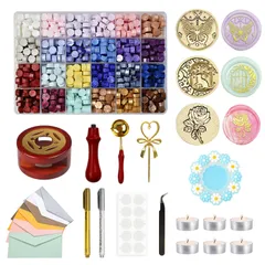 大人気　DIY 手紙装飾 祝い 24色ワックスビーズ+スプーン+キャンドル+ワックス炉+スタンプ+スタンプ台+両面シールなど15点セット 告白 祝福 招待状 封筒 印鑑 便箋 手紙 ワックス大量 セット【マカロン色24色セット】ヘッド蝋封 シーリングワックス