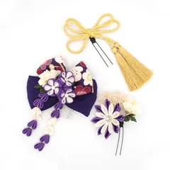 髪飾り ３点セット 紫 つまみ細工 リボン ドライフラワー 成人式 花 和風 浴衣 着物 振袖 袴 ドレス 七五三 子供 結婚式 卒業式 入学式 髪留め 日本製 ヘアコーム ヘアアクセサリー 送料無料 ムラサキ W 78 324-280 u908　Si