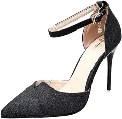 ReiLuana ハイヒール パンプス 10cm ポインテッド トゥ 靴 アンクル ストラップ 23.5( ブラック,  23.5 cm)