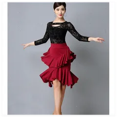 社交ダンス レディース ダンス衣装 モダンドレス ラテンダンス スカート トップス ステージ衣装 ダンスドレス 上下セット 舞台服 練習用 レッスン着 発表会 イベント 黒 赤 ブラック レッド フリル コンクール M dm304g4