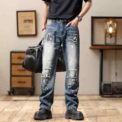 DOPE&DRAKKAR ワイドストレートデニム ペンキ飛び ダメージ加工 赤耳 