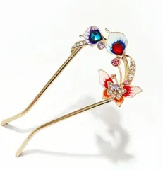 S.T.S.G 簪 かんざし バチ型 髪飾り 2本足 二本挿し 和装 振袖 浴衣アンティーク ペア 蝶 フラワー 花 ヘア アクセサリー アレンジ(虹色)