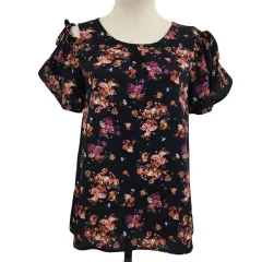 ビス ViS color ブラウス プルオーバー ラウンドネック 2WAY オープンショルダー ギャザー 花柄 総柄 マルチカラー 半袖 F 紺 オレンジ ネイビー