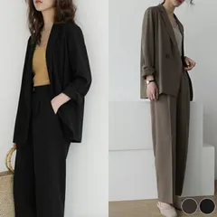 スーツ レディース パンツ パンツスーツ 上下 セット ゆったり カジュアル おしゃれ オープンカラー ジャケット ワイドパンツ テーパードパンツ 秋 春 ブラウン ブラック 韓国