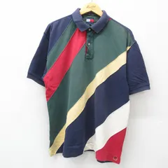 XL/古着 トミーヒルフィガー 半袖 ブランド ポロ シャツ メンズ 90s ワンポイントロゴ 鹿の子 コットン マルチカラー 紺他 ネイビー 24aug0
