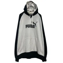 PUMA プリントスウェット パーカー M ホワイト ブラック プーマ ロゴ スポーツ プルオーバー 古着卸 アメリカ仕入 a611-8668