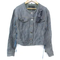 ダナキャラン DONNA KARAN デニムジャケット Gジャン ジージャン ノーカラー ミドル丈 切替 メッシュ レースアップリボン ブローチ付き 10 M インディゴブルー /FF35 ■GY18