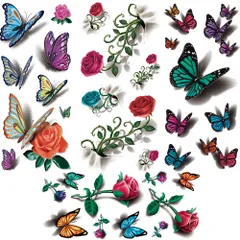 Yesallwas タトゥーシール 蝶 薔薇 3D 羽 4枚セット 入れ墨 蝶々 タトゥーステッカー ボディーシール レディース 刺青長持ち 防水 TATTOO 9x19CM (A.3D薔薇 蝶 羽)