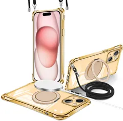 【迅速発送】iPhone 15 用 ケース クリア 縦横両対応 360°回転スタンド リング マグネット搭載 MagSafe対応 ワイヤレス充電対応 いphone15 ケース 肩掛け 斜めかけ 縄掛けケース 透明 tpu メッキ加工 耐衝撃 車載ホルダー 対応