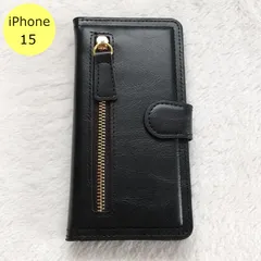 左ジッパー 手帳型 iPhone15ケース ブラック