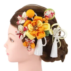 髪飾り 成人式 つまみ細工 振袖 前撮り 袴 花 3点セット 黄色 橙色 からし色 オレンジ 白 ゴールド ちりめん 房 房付き 玉飾り No.9-5126