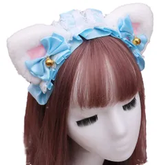 [FUPUTWO] ヘッドドレス ロリータ ねこ耳 カチューシャ メイド リボン コスプレ 髪飾り (白耳・ブルー) [白耳・ブルー]