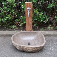天然石 洗面ボウル リバーストーン M 49X35 立水栓水受け皿 シンク 洗面ボール 庭 ガーデン 手洗い鉢 河石 DIY 排水栓 カクダイ4300-32付き 250962